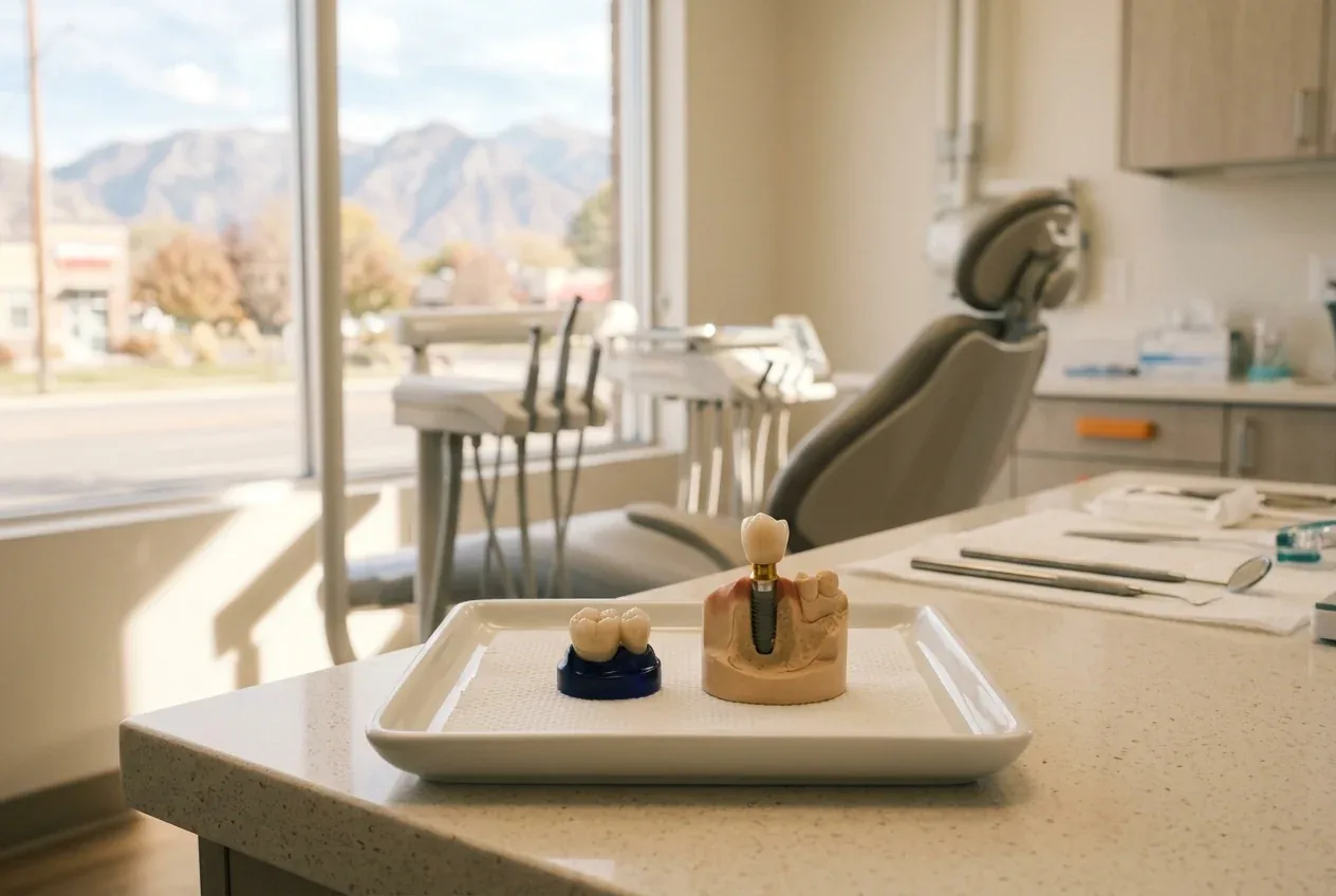 Dental crown and implant models on a tray in a dental clinic treatment room.
